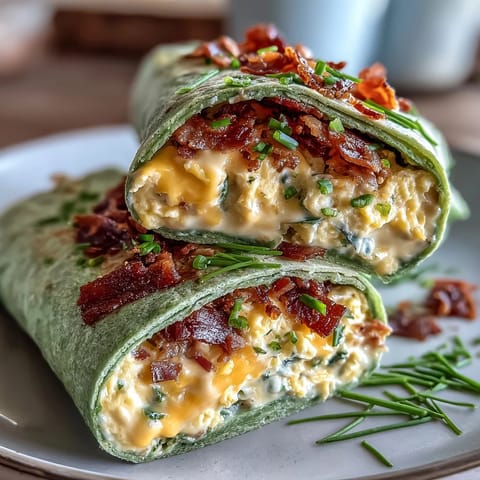 Frische, bunte Frühstücks-Wraps mit grünen Eiern, Schinken und Kräutern in einer Spinat-Tortilla.