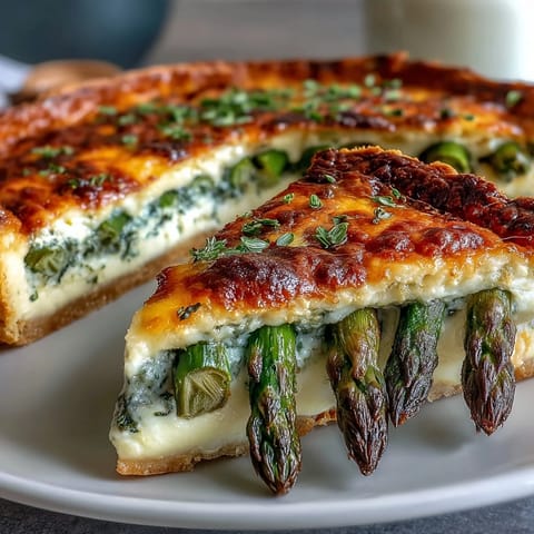 Frischer Spargel-Tarte auf knusprigem Blätterteig mit cremigem Käse und Kräutern.