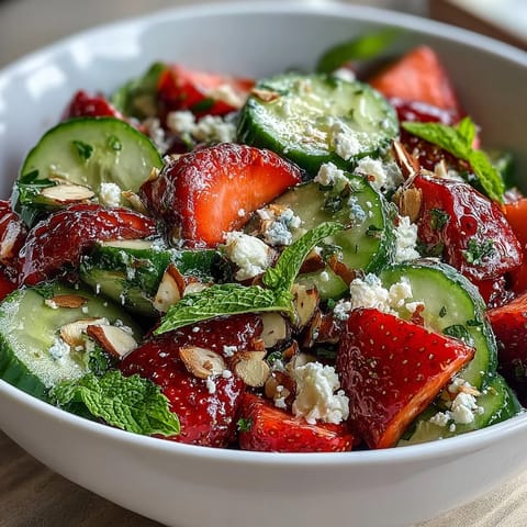 Köstlicher Salat aus knackigem Gurke und süßen Erdbeeren mit frischem Minze, perfekt für den Frühling und erfrischende Mahlzeiten.