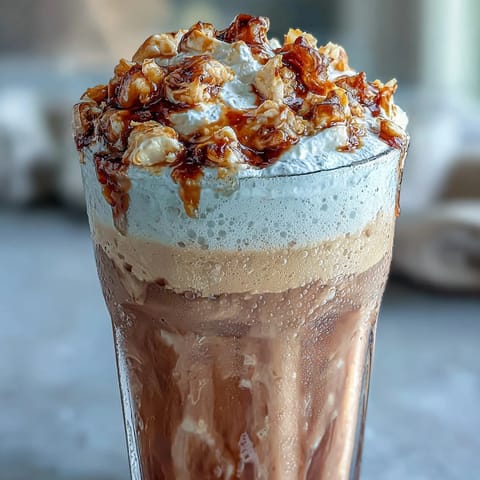 Kühles Vanille-Bohnen-Frappuccino mit geröstetem Kokos-Schaum, cremig und erfrischend in einem Glas serviert.