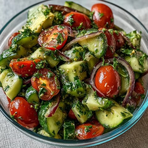 1. Ein erfrischender Salat mit knackigen Gurken, saftigen Tomaten, cremiger Avocado und einem spritzigen Zitronendressing – perfekt für eine leichte Mahlzeit.