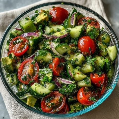 2. Bunter und lebendiger Gurken-Tomaten-Avocado-Salat mit Zitronendressing, serviert als farbenfrohe Beilage oder gesunder Snack.