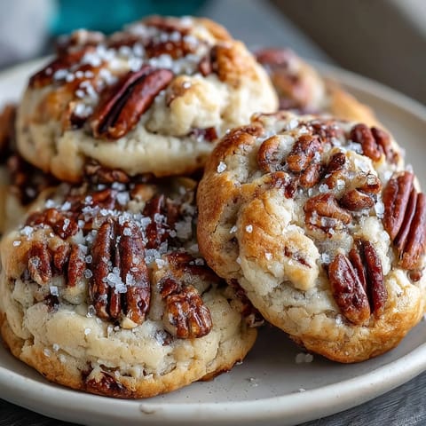 1. Buttrige Pekannusskekse mit brauner Butter und Meersalz, dekoriert mit gerösteten Nüssen und einer Prise Salz.