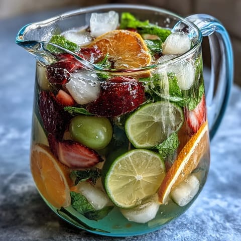 Bunter Spring Sangria Mocktail mit weißen Trauben und Zitrusfrüchten in einem Krug