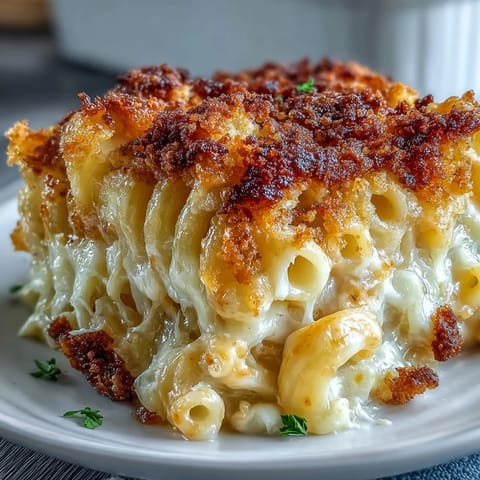 Käsiges Nudelauflauf mit goldener Kruste und cremiger Cheddar-Sauce.