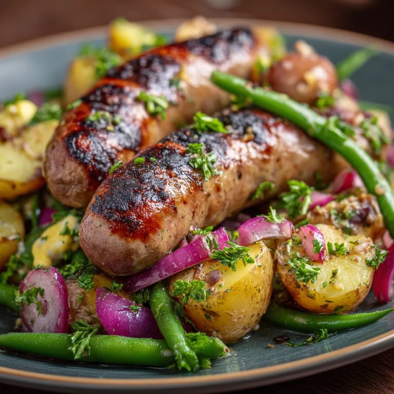 Eine Platte mit Grilled Bratwurst und Mustard Potato Salad.