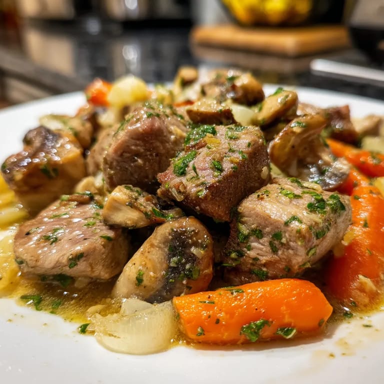 Eine Platte mit gegrilltem Veal in einem weißen Sauce, die mit Springherbs zubereitet wurde.