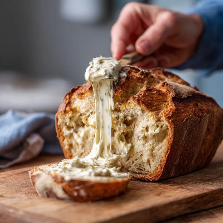 Ein Rustic Bavarian Bread mit Radish Butter wird auf einem Tisch präsentiert.