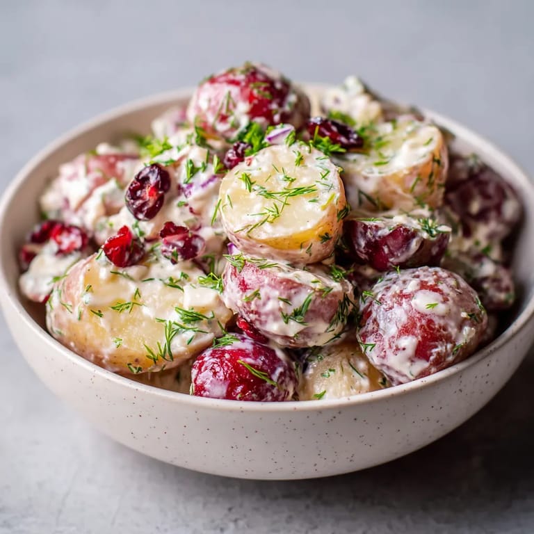 Ein großer, weißer Becher mit einer Cranberry-Potato Salat, die mit einer cremigen Horseradish-Sauce garniert ist.