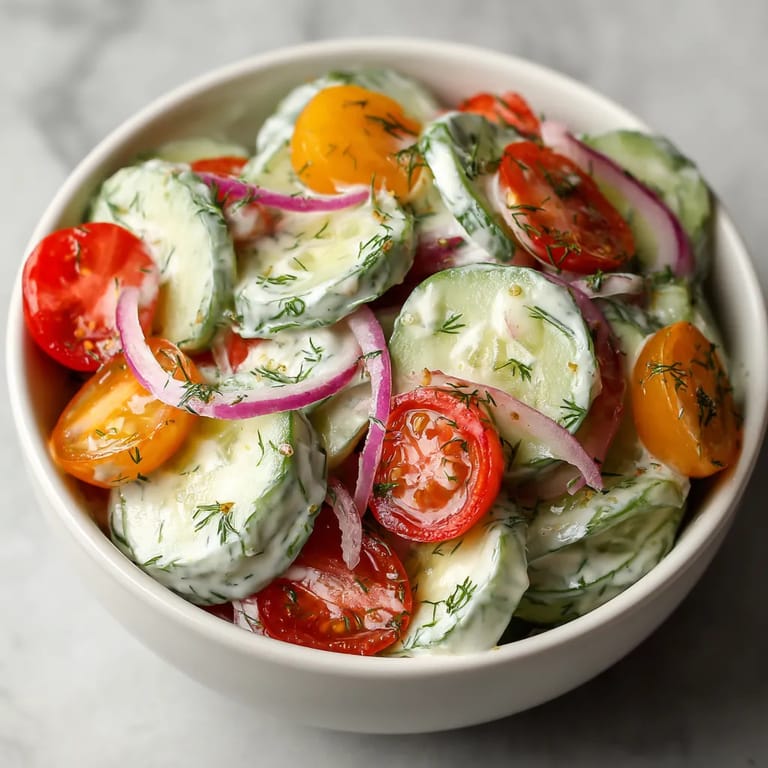 Ein weißer Becher mit einer saligen Zucchini-Dill-Salat, die mit einer cremigen Sauce serviert wird.