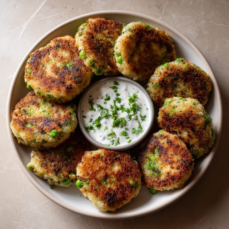 Ein Becher mit Spring Pea & Potato Patties, die in einer Sauce serviert werden.