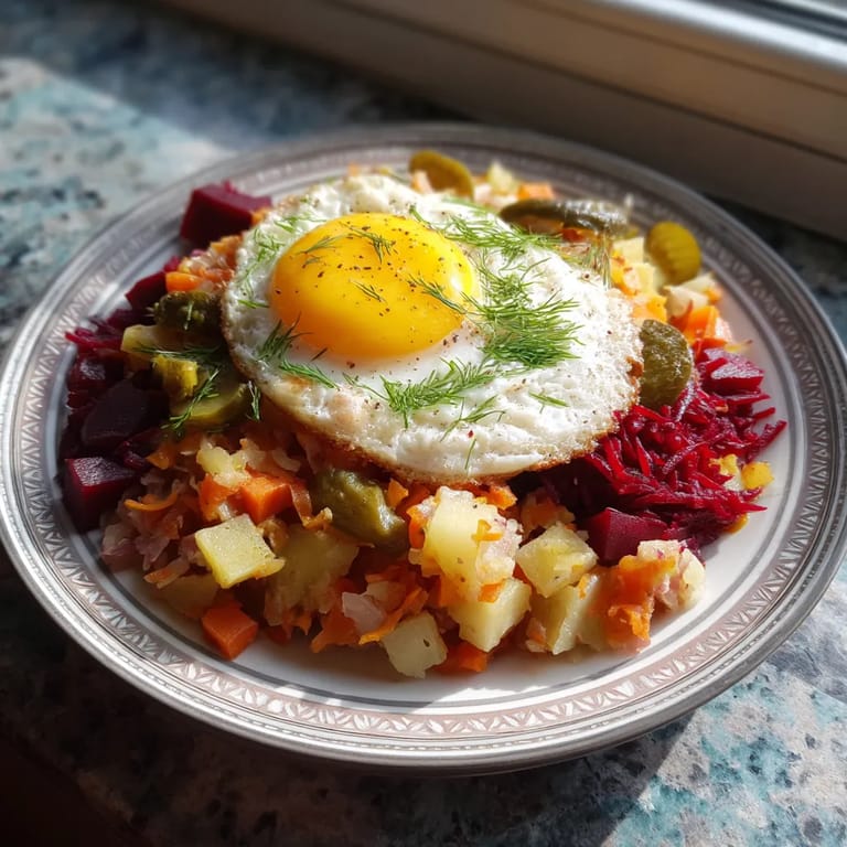 Ein Labskaus mit Ei, Zwiebel, Karotten und Roten Rüben auf einem Teller.