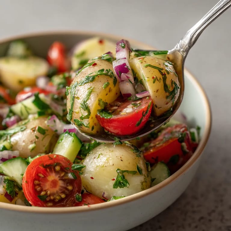 Ein Glas mit einer Salatgarnitur, die aus Kartoffeln, Tomaten, Zwiebeln und anderen Gemüse besteht.