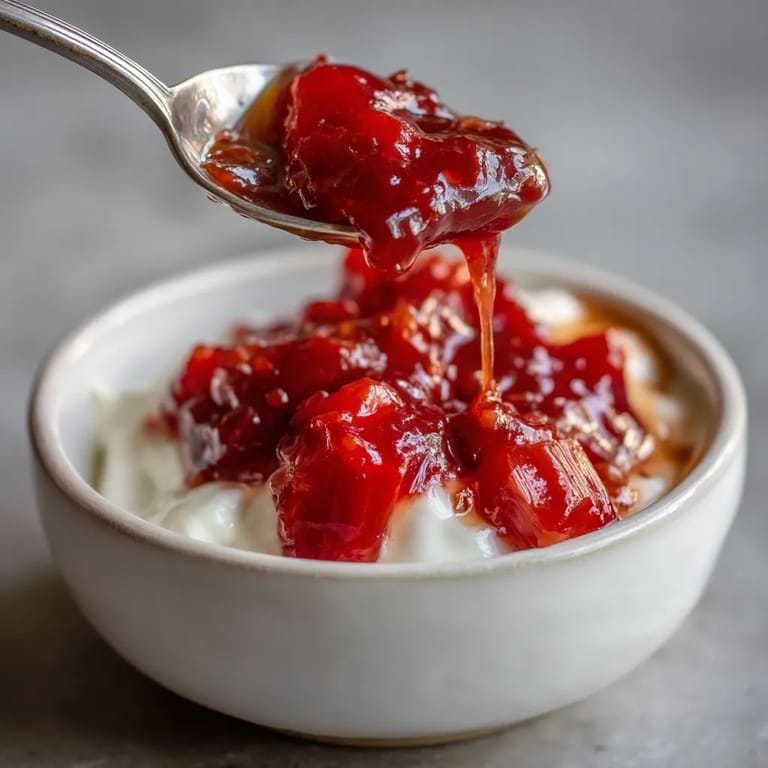 Ein Glas mit Rhubarb Compote über Vanilla Quark.