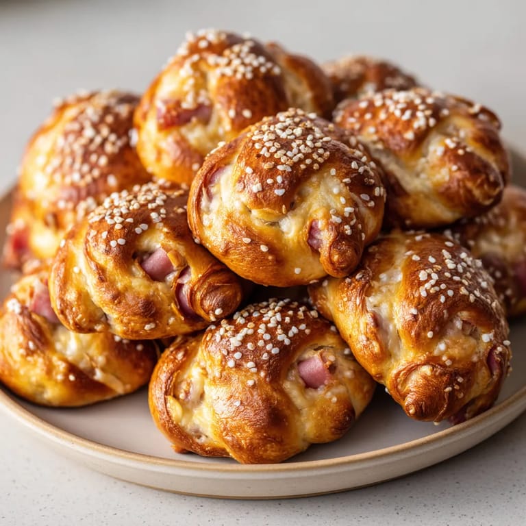 Eine Platte mit einer Anzahl von Ham & Cheese Stuffed Mini Pretzels darauf.