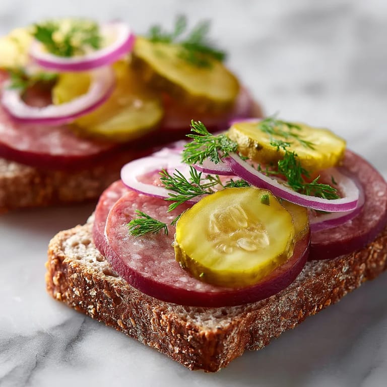 Zwei Scheiben Liverwurst auf Pumpernickel mit Zwiebeln und Tomaten.