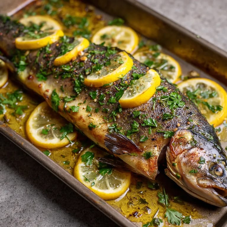 Ein gegrillter Fisch mit Zitrone und Knoblauch.