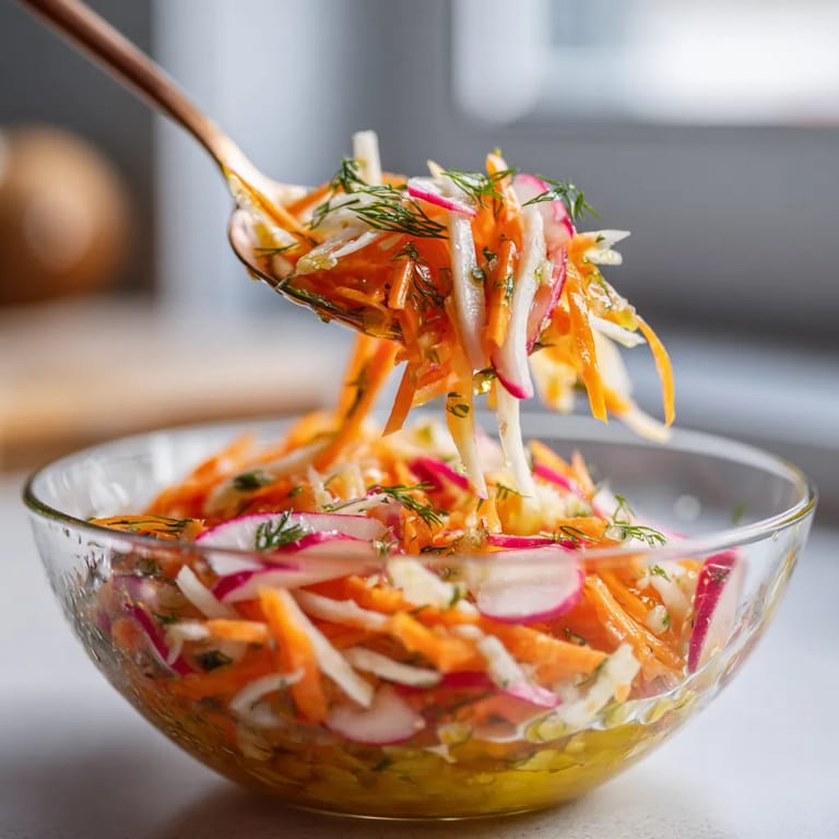 Ein Glas mit einer Mischung aus Paprika und Radish, garniert mit frischem Dill.