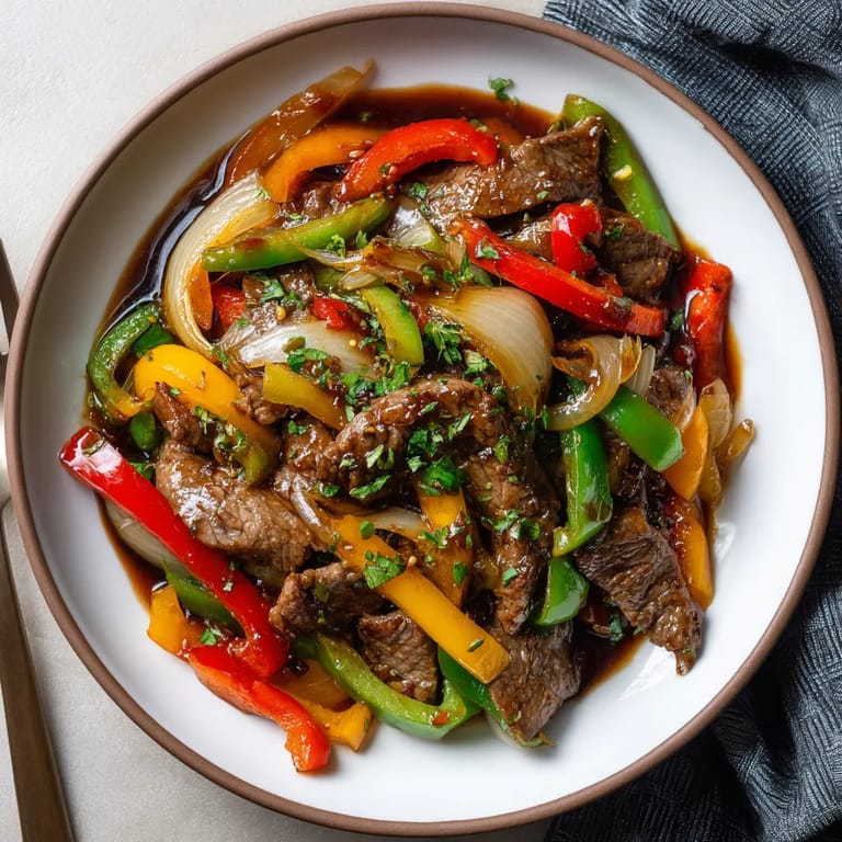 Ein weißer Teller mit einer Mischung aus Rindfleisch, Paprika, Zwiebeln und Peper.