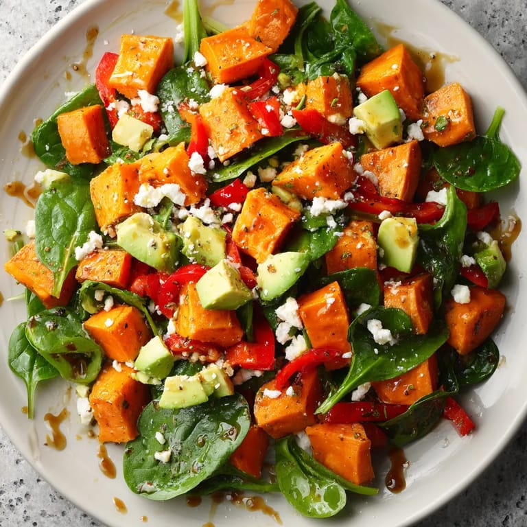 Ein prägnantes Bild, das einen Genussvollen Süßkartoffelsalat zeigt, mit vielen verschiedenen Zutaten wie Avocado, Kartoffeln, Spinat, Tomaten, Linsen und vielen anderen. Es ist ein leckeres und gesundes Gericht, das man gerne genießen kann.