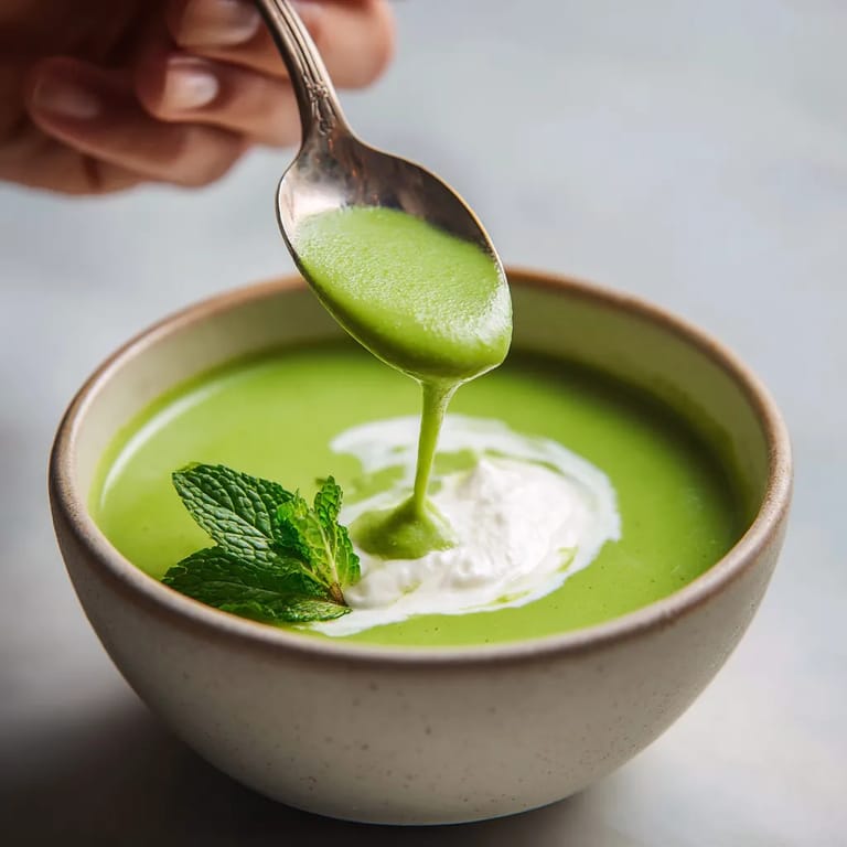 Ein Bogen aus Stahl wird in eine Schüssel mit einer Mischung aus Kichererbsen-Soup und Crème Fraîche gesteckt.