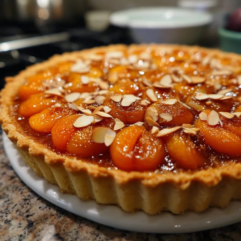 Ein Apricot and Almond Tart mit Honigglasur auf einem weißen Platter.