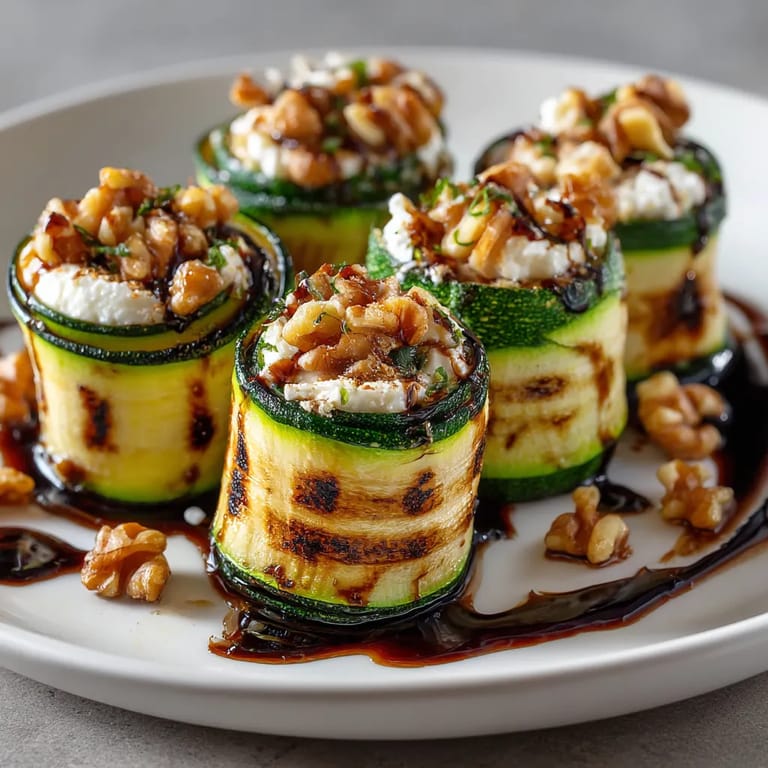 Grilled Zucchini Rolls mit Goat Cheese und Walnüssen.