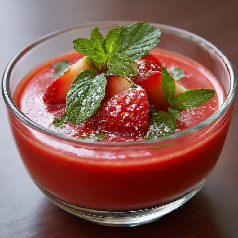 Eine Kalte Erdbeersuppe mit Minze in einem Gläschen.