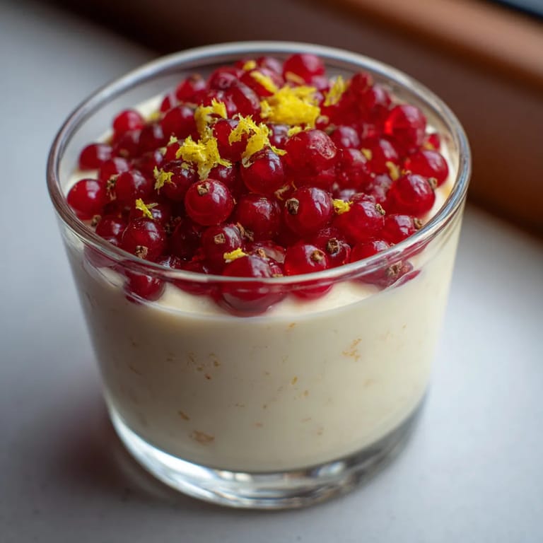 Ein Glas mit einer Mousse aus Quark, die mit Beeren und Zitronenpulver garniert ist.