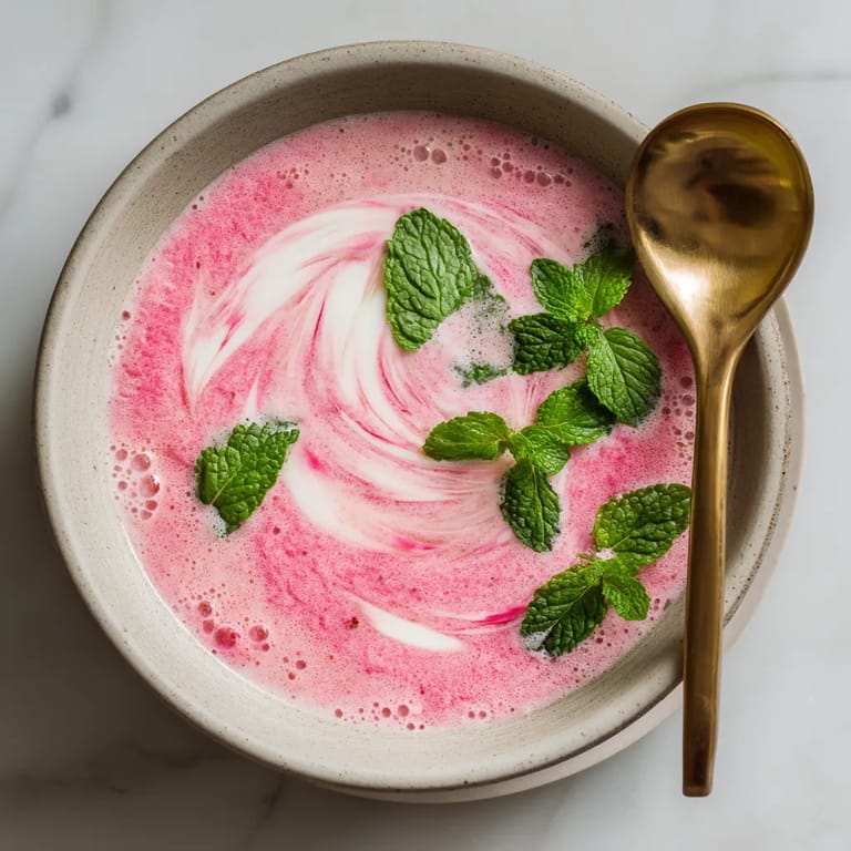 Ein Becher mit einer Mischung aus Rhubarb und Elderflower-Soup, garniert mit einer Yogurt-Schwirl.