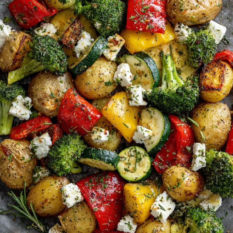 Eine Vielzahl von Gemüsearten wie Paprika, Zucchini, Brokkoli, Kartoffeln und mehr werden auf einem Teller präsentiert.