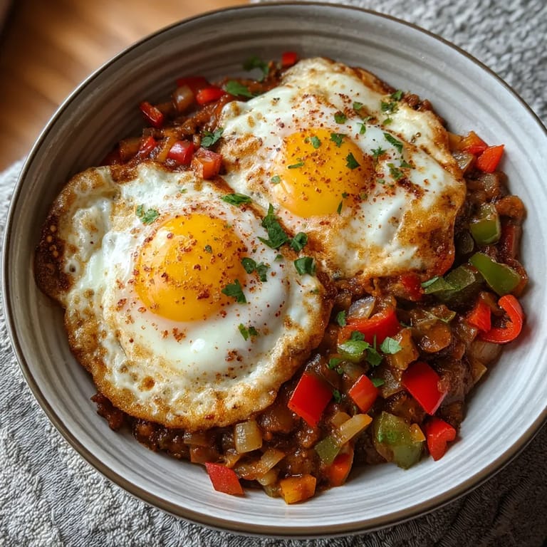 Ein Schälchen mit Frühstücks Chili und Eiern.