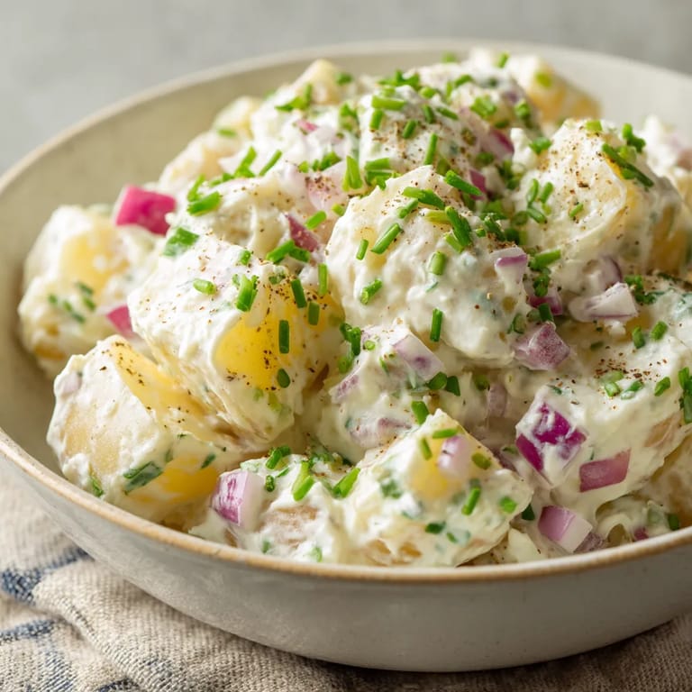 Ein Kartoffelsalat mit Joghurt in einem glatten, weißen Behälter.