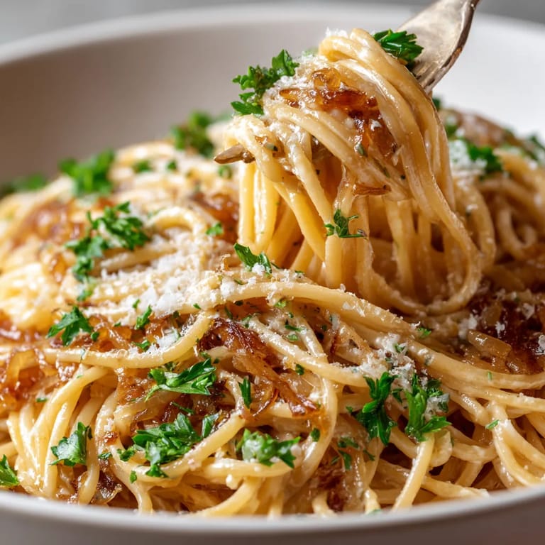 Ein Bild von einer Pasta-Gerichte, die mit Karamellisierten Zwiebeln zubereitet wurde.