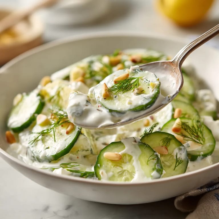Ein weißer Teller mit einer Salat aus Zucchini, Walnuss und Feta.