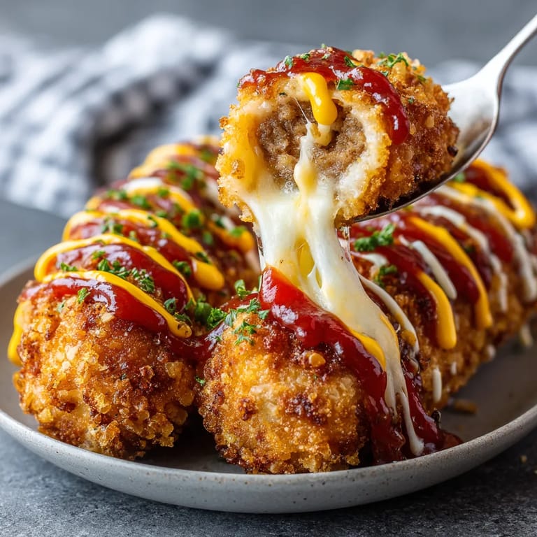 Ein Plate mit Korean Corn Dogs, die mit Ketchup und Mayonnaise garniert sind.