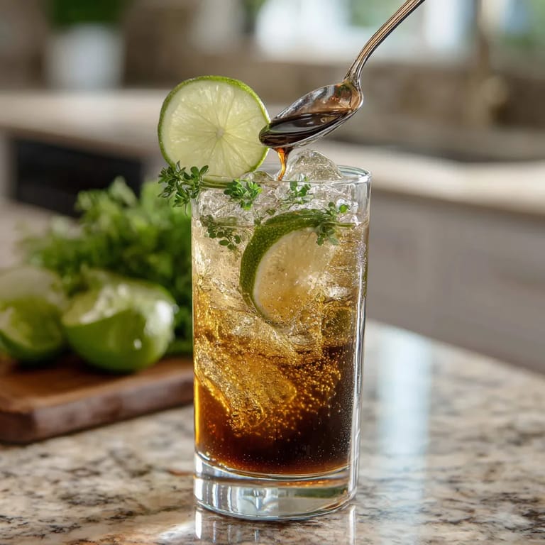 Ein Glas mit Espresso Tonic, das mit einer Schüssel mit Zitronen und einer Schüssel mit Zwiebeln garniert ist.