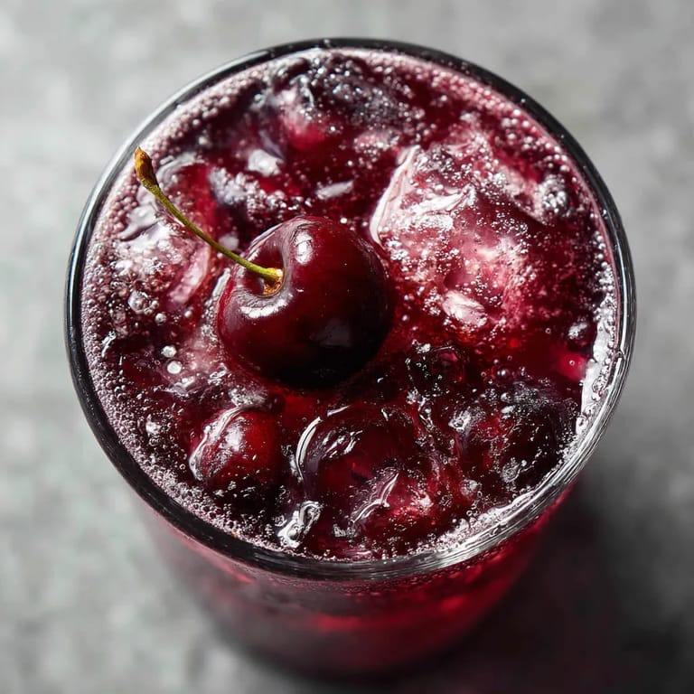 Ein Glas mit einem Cherry, das in den Kaffee getaucht ist.
