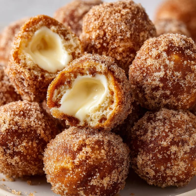 Eine Platte mit Quark Ballen, die mit weißem Schokoladen und einer cremigen Masse gefüllt sind.