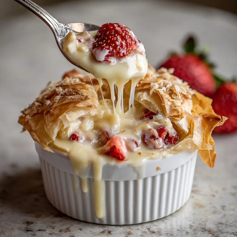 Ein weißer Becher mit einem Strawberry Strudel, der mit weißem Schokoladen und Strawberries garniert ist.