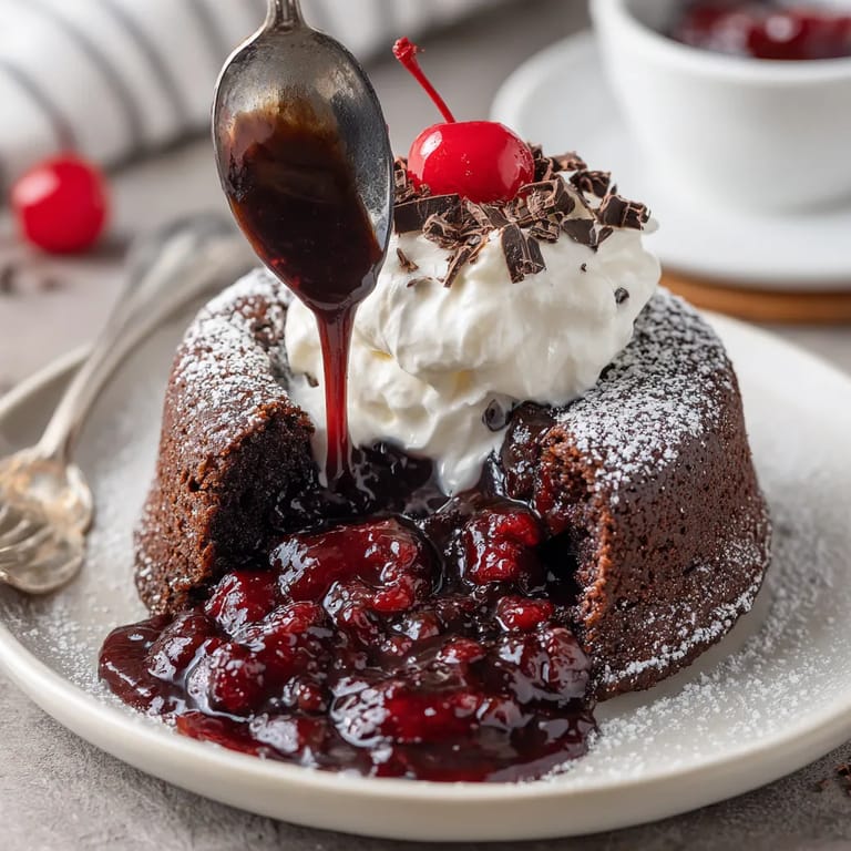 Eine Black Forest Lava Cake mit Schokoladenglasur und Cherry-Topping auf einem weißen Plate.