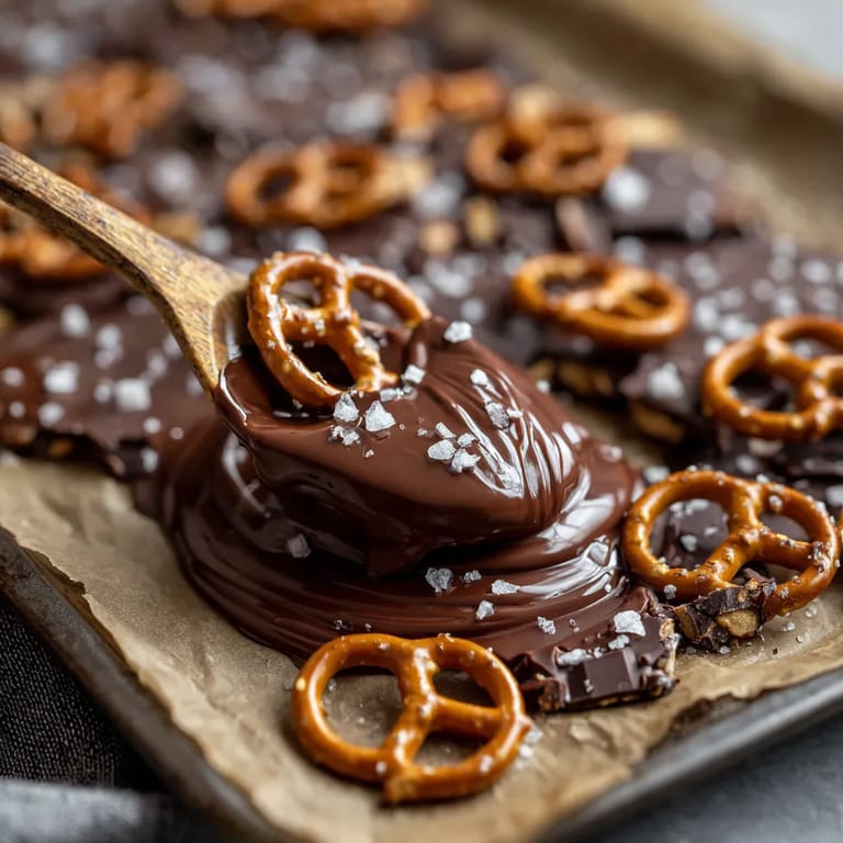 Ein Bogen Chocolate Pretzel Bark mit Salz darauf.