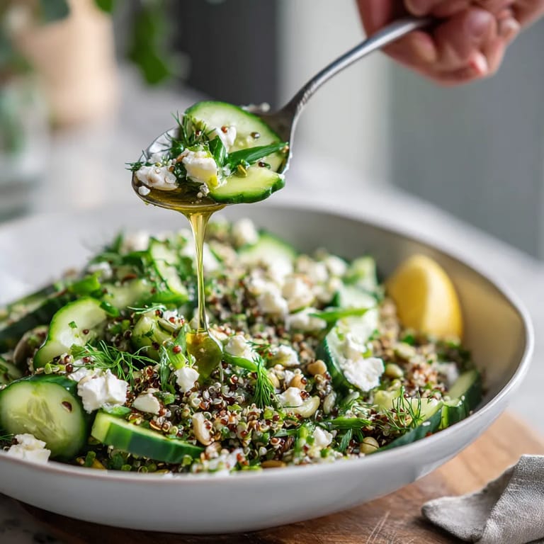 Ein weißer Teller mit einer Mischung aus Kichererbsen, Zucchini, Dill und Quinoa.