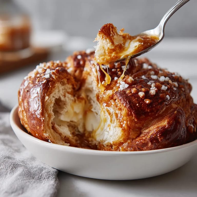 Ein Pretzel Croissant Fusion wird mit einer Gabel in einem weißen Teller gereicht.