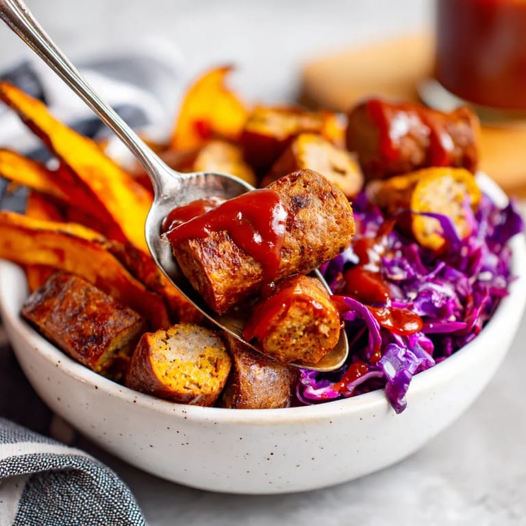 Ein Vegan Currywurst Power Bowl mit einer Mischung aus Kartoffeln, Sauerkraut, Kokosmilch und Currywurst.