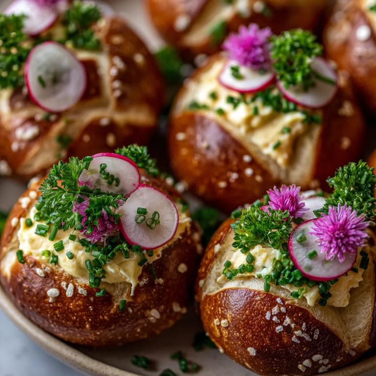 Ein Bild von Pretzel Sliders mit veganem bayerischem Käse-Spread und Radish Roses.