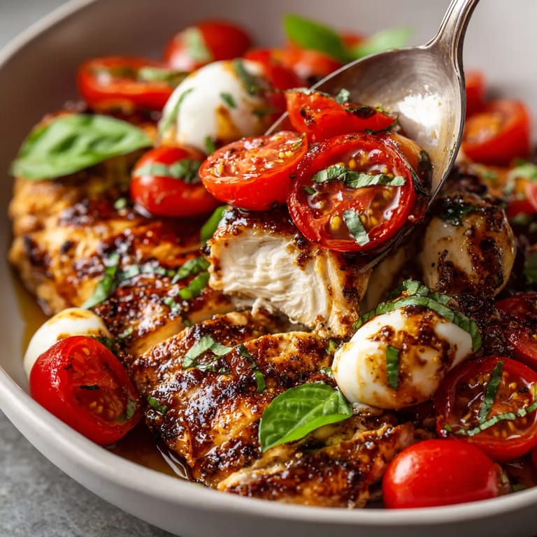 Ein Schalen mit Caprese Grilled Chicken, Tomaten, Basilikum und Mozzarella.