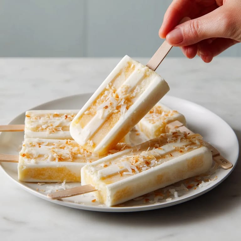 Eine Platte mit Pineapple Coconut Popsicles, die in Stäbchen aufgeteilt sind.