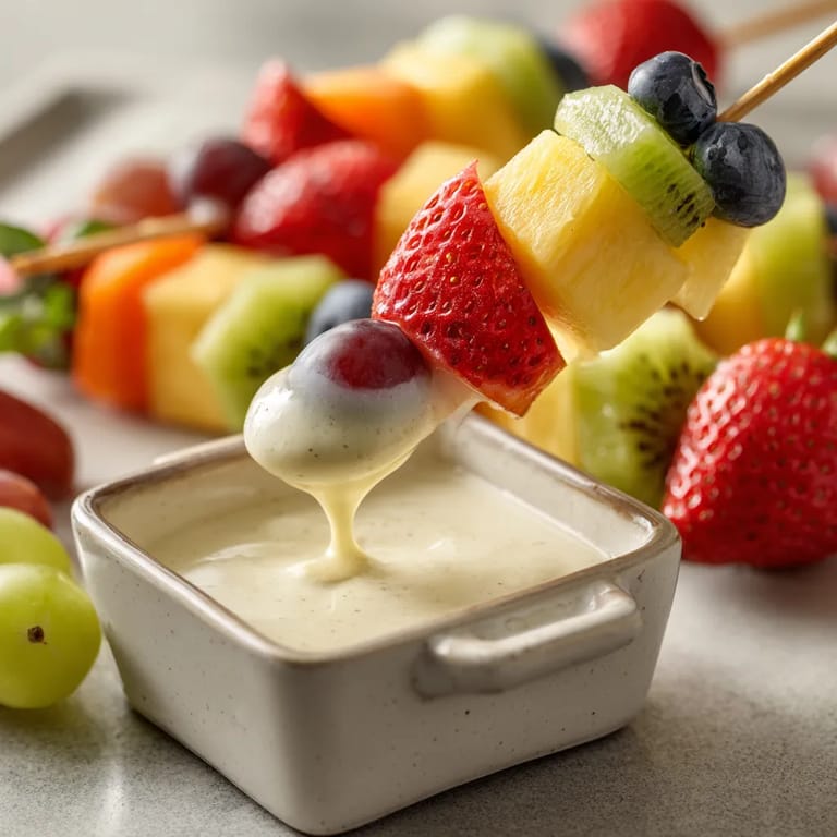 Ein Becher mit Yogurt und Fruchtstäbchen.