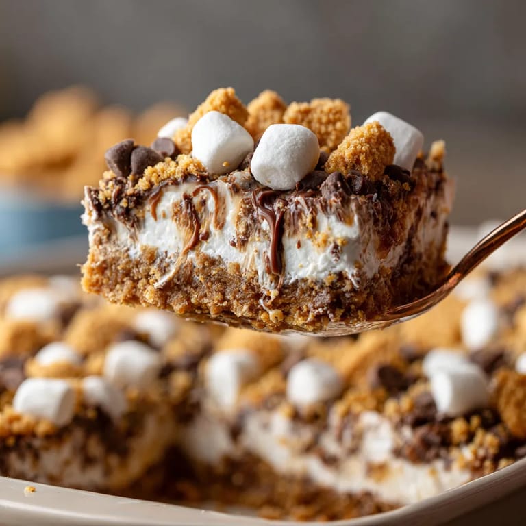 Eine Schüssel mit No-Bake S'mores Bars, die mit Marshmallows und Schokolade zubereitet wurden.